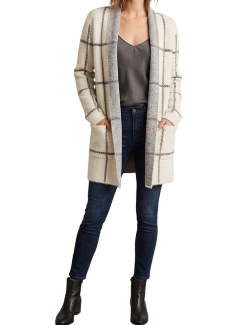 Cyrus Cream Color Check Print Open Front Preppy Comfy Cardigan Duster Small